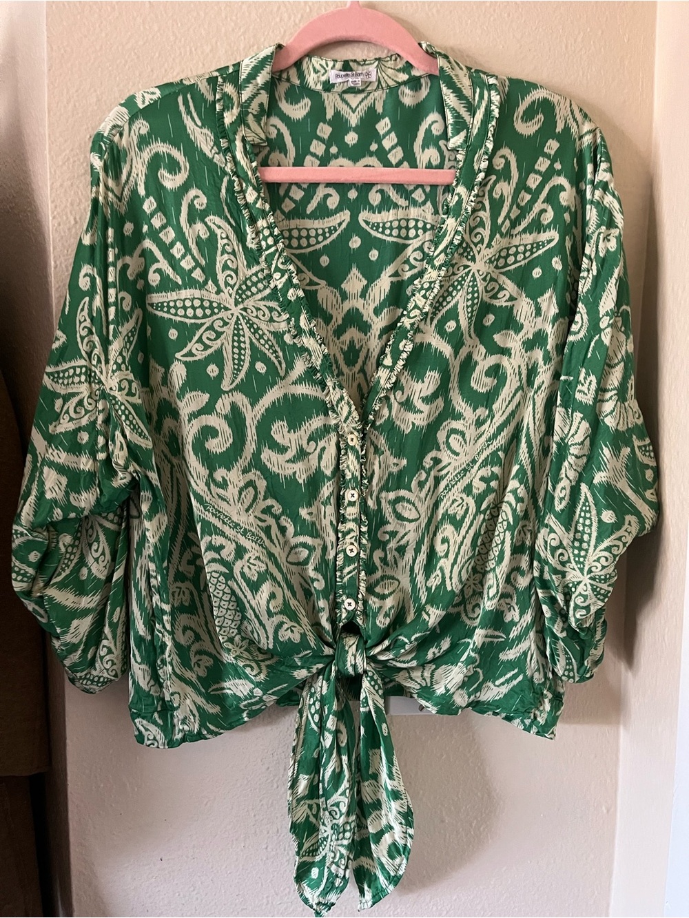 Poupette St. Barth Green and White Printed Lightweight Blouse
